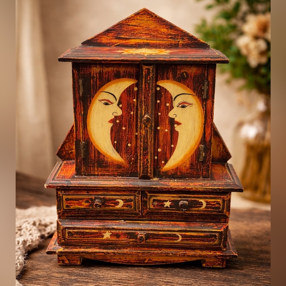 Vintage Hand Painted Sun Moon Wooden Jewelry Box Folk Art Cabinet